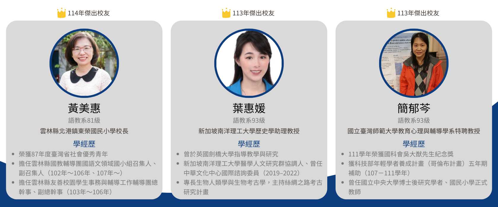 Link to 本圖為華語系傑出校友介紹，呈現113與114年獲選校友黃美惠、葉惠媛、簡郁岑之學經歷與成就，涵蓋教育、學術研究及輔導領域表現。