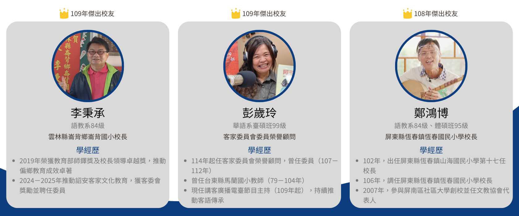 Link to 本圖為華語系傑出校友介紹，呈現108至109年校友李秉承、彭歲玲、鄭鴻博之教育與文化推廣成就。